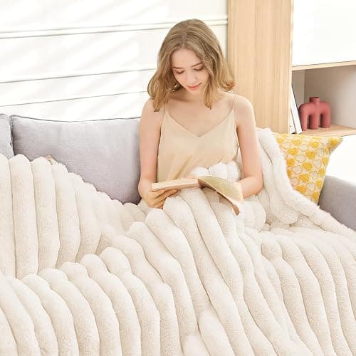 VFROO Faux Fur Throw Blanket for Couch,Cozy Soft Plush Thick Striped Luxury Blanket for Sofa Living Room Bedroom,50 * 60 Inches, White thumbnail 2