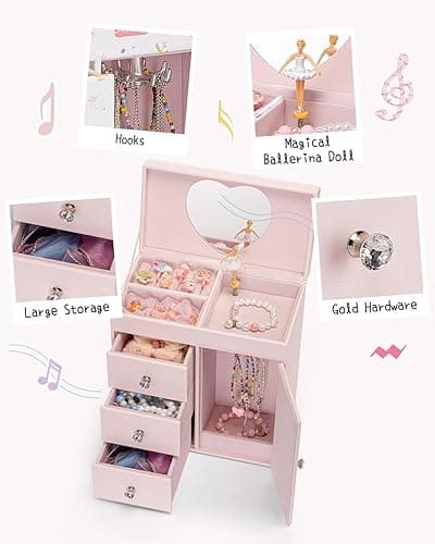 Vlando Musical Jewelry Box for Girls, Large Kid Music Box with Ballerina for Birthday Bedroom Decor, 4 Layer Girl Jewelry Gifts for Girls Kids - Light Pink - Light Pink thumbnail 4