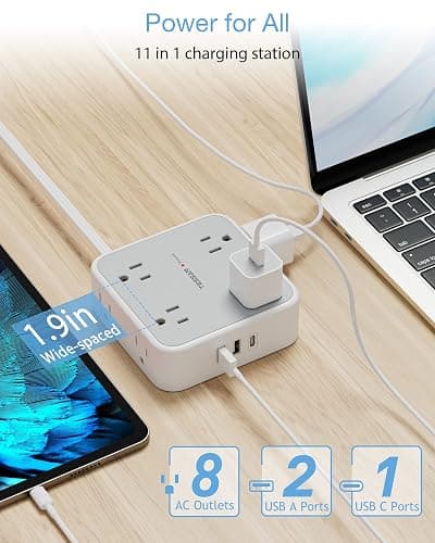 TESSAN Surge Protector Flat Extension Cord Flat Plug Power Strip, 8 AC Outlets, 3 USB Charger(1 USB C Port) 3 Sided Outlet Extender, 5 Ft, 900 Joules Protection, Office Supplies, Dorm Room Essentials thumbnail 2