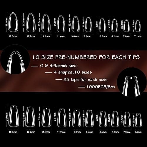 ELLEWIN 1000PCS Nail Tips Clear False Nails Full Cover for Acrylic Nails Kit 10 Sizes 4 Shapes Long Almond Square Coffin Oval Pre-Shape for Salon Home DIY Gifts thumbnail 6