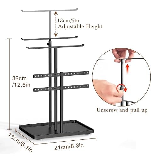 susswiff Jewelry Holder Organizer Stand - Adjustable Jewelry Tree 17.5" Height (Max), Jewlery Hanger for Necklaces, Bracelets, Earrings, Aesthetic for Storage and Display, Metal, Black thumbnail 3