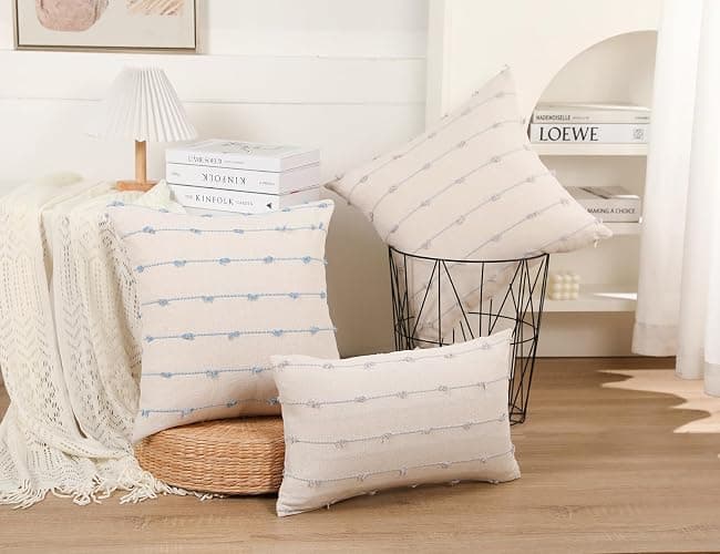 NUYECY Set of 2 Boho Lumbar Throw Pillow Covers 12x20,Light Blue Neutral Couch Pillow Case with Tassel Fringe Decorative,Modern Accent Farmhouse Cushion Covers for Sofa Couch Bed Living Room thumbnail 3