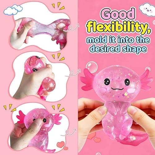 Glitter Axolotls Squishies Toy, Stretchy Axolotls Stress Ball, Soft Squeeze Sensory Fidget Toys for Kids Adults, Cute Easter Basket Stuffers Party Favors Classroom Prizes （Pink） thumbnail 3
