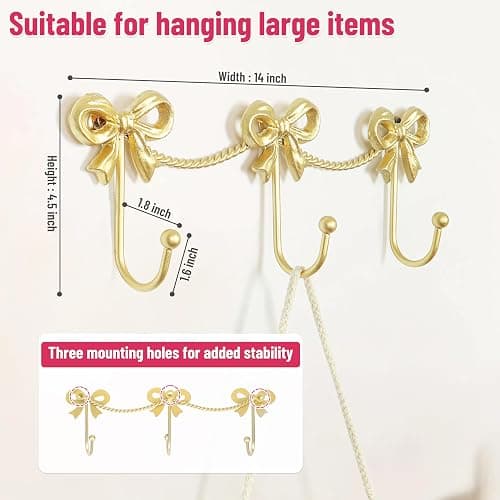 KYIAANY Gold Bow Hooks for Girls: Cute Triple Bows Hooks Wall Mount for Nursery Bedroom Bathroom for Hanging Towel Bag Robe Jewelry - Metal 3 Hooks Coquette Room Decor for Girly Daughter Kids Baby thumbnail 3