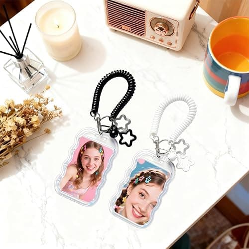 Qoncosy 2 Pack Cute Photocard Holder Keychain Kpop Photo Card Holder, Transparent PC Holder with Star Wave Design for Bus Student Card, Creative Photo Protector Keychain (Black and White) thumbnail 2