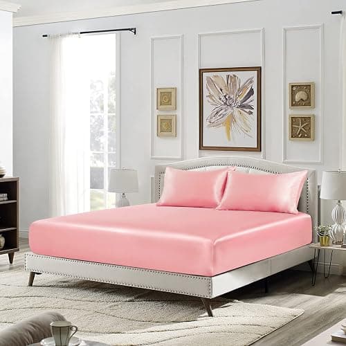SiinvdaBZX 3-Piece Set Satin Twin Fitted Sheet & 2 Pillowcase, Blush Pink Silky Soft Fitted Bottom Sheet, Wrinkle Free, Fade Resistant, Deep Pocket Bed Sheet (Deep Up to 15") thumbnail 4