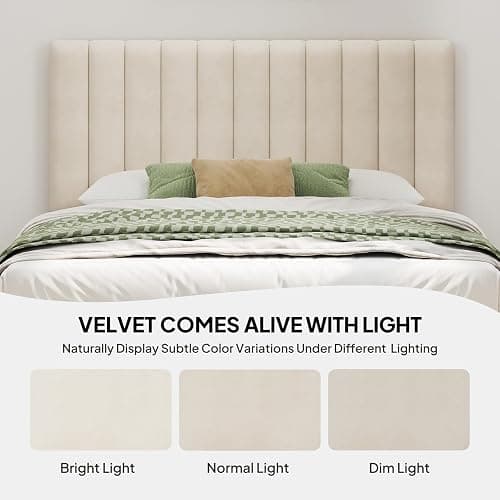 Welzona Full Upholstered Bed Frame with Headboard, Velvet Upholstered Metal Platform Bed with Vertical Channel Tufted Headboard, 3-Level Height, Metal Slat Support, Noise-Free Easy Assembly, White thumbnail 8