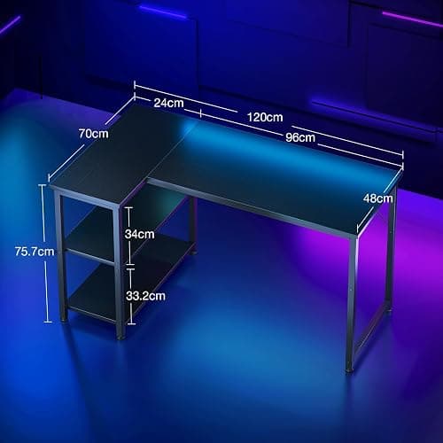 Coleshome L Shaped Gaming Desk, 120x70 cm Computer Desk, Corner Office Desk with Reversible Storage Shelves, Writing Study Table for Work Play Home Office, Black thumbnail 3