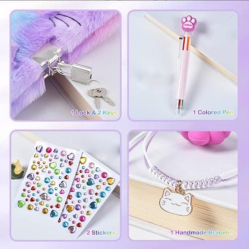 PJDRLLC Cat Diary with Lock, Gift for 6 7 8 Year Old Girl, Secret Diary Journal Notebook with Coin Purse, Multicolored Pen, Post-it Note, Stickers, Practical Gift for Birthday (A Happy Cat) thumbnail 6