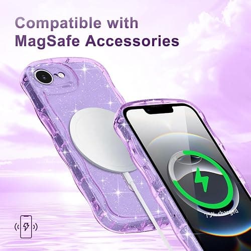 Pepmune Magnetic for iPhone 17e/16e Case Clear, Sparkly Bling Glitter Cute Curly Wave Transparent Cover for Women Girls Compatible with MagSafe TPU Shockproof Phone Case for iPhone 16e/17e, Purple thumbnail 6