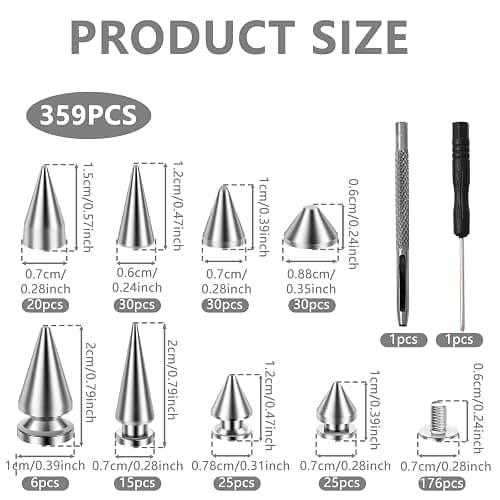359Pcs Punk Spikes and Studs Kit Metal Cone Spike Studs Rivets 8 Sizes with Install Tools Clothing Stud Kit for Clothing Jacket Shoes Wallet Leather DIY Craft Accessories thumbnail 2