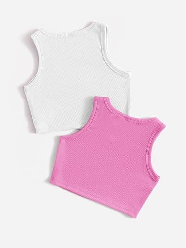 Milumia Girl's 2 Pack Ribbed Knit Sleeveless Round Neck Casual Baisc Crop Tank Top - 10 Years - A White and Pink thumbnail 2