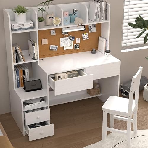 NKUGCFC 43 inch Kids Study Desk and Chair Set with Storage Hutch and LED Light, White Girls Desk with 4 Drawers for Child's Bedroom, Ideal for Homework for Ages 8-12 thumbnail 7