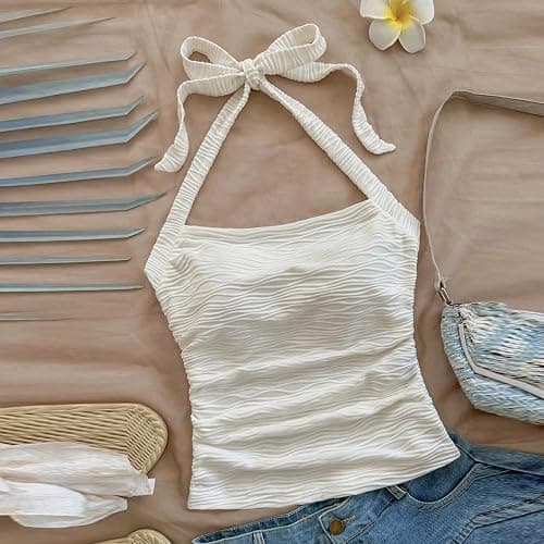 Women's Ruched Halterneck Y2K Crop Tops Tie Back Sleeveless Slim Fit Cami Top Teen Girls Textured Square Neck Shirts thumbnail 2
