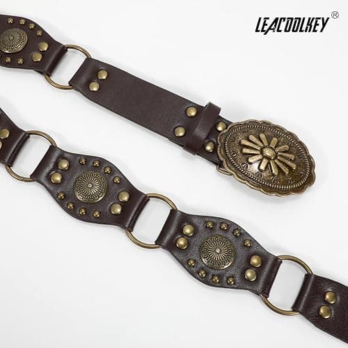 LEACOOLKEY Western Concho Rivet Belt for Women Vintage Leather Belt Western Waist Belt for Skirts Jeans thumbnail 3