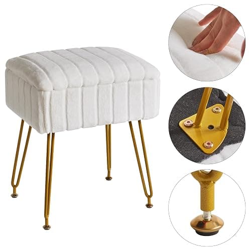 IBUYKE Stool Chair with Storage Space, Footrest Footstool Ottoman, Small Side Table, with 4 Metal Legs, with Anti-Slip Feet, for Makeup Room, Bedroom, White, Faux Fur LG-50W thumbnail 7