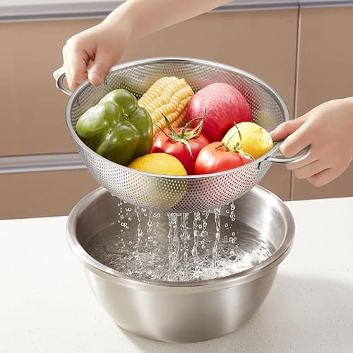 E-far Stainless Steel Colander Set of 3 (1-3-5Quart), Micro-Perforated Metal Colander Strainer with Handle for Kitchen/Draining Pasta/Rinsing Vegetables Fruits, Heavy Duty & Dishwasher Safe - 1 + 3 + 5 QT thumbnail 7