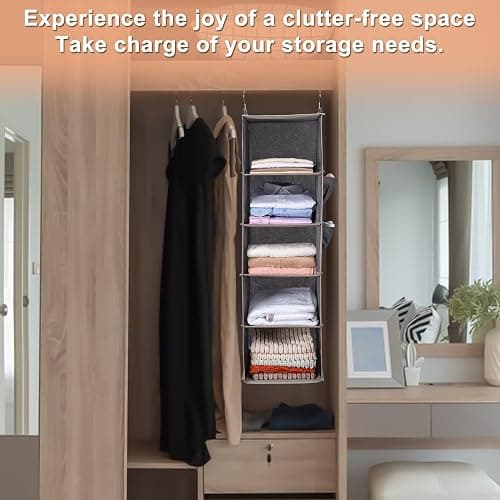 Hanging Closet Organize and Shelves，5-Hanging Shelf with 2 Side Pockets，Storage Foldable （Grey） thumbnail 5