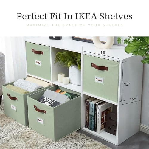 DECOMOMO Storage Bins, Storage Baskets for Shelves | 13" x 15" x 13" Storage Cube Bins with Labels for Organizing Shelves (Kallax, 4pcs, Sage Green) thumbnail 9