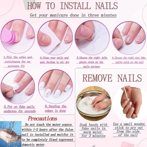 RUOKEXIN Long Square Press on Nails - French Tip False Nails Pink, Bow Rhinestone Designs, 24Pcs thumbnail 6
