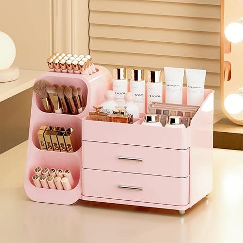 KQJS Makeup Organizer with Drawers,Large Capacity Countertop Organizer for Vanity,Bathroom and Bedroom Desk Cosmetics Organizer,Easy To Storage Skincare,Brushes,Lotions,Lipstick (All Pink) thumbnail 2