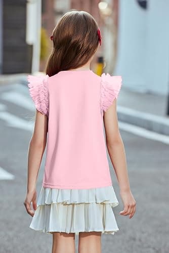 Arshiner Shirts for Girls with Mesh Flying Short Sleeve Crewneck Casual Summer Kids T Shirt Blouse Tops Tee thumbnail 2