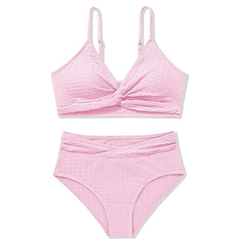 Girls Swimsuit Solid Bathing Suit 2 Piece Twist Cross Adjustable Straps Soft Lining Bikini for Teen Girls with Chest Pad - Image 1