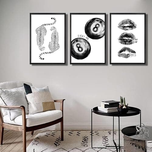 3Pcs Unframed Black White Funky Cheetah Wall Art Trendy Lucky 8 Ball Kiss Lips Painting Retro Y2K Aesthetic Canvas Poster Prints for Girls Bedroom Apartment Dorm Decorations(12x16in Poster) thumbnail 2