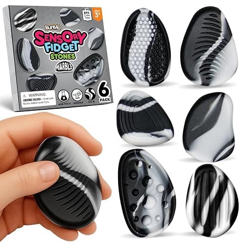 BUNMO Sensory Fidget Stones – 6pk Marble | Silicone Worry Stones for Kids Ages 3+ | Portable, Textured, Quiet Sensory Stones for Hands-On Play - Image 1