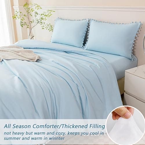 PERFEMET 5 Pieces Twin Bedding Sets Light Blue Pom Pom Comforter for Girls | Soft Fluffy Solid Bed Sets for Bedroom All Season Boho Bed in A Bag for Kids Women with Comforter, Sheets & 2 Pillowcases thumbnail 5