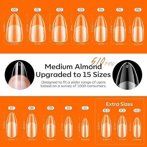 modelones Gel Nail Kit Almond, Upgrade 15Sizes Fake Nails, 9-in-One Glue Dehydrator & Mini U V Light Clipper, 510Pcs Medium Almond Press on Tips for Extension DIY Salon Home Gift thumbnail 2