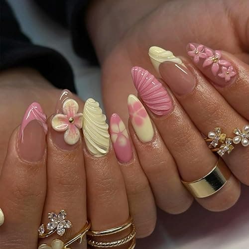 3D Handmade Press on Nails Medium Almond Fake Nails Spring & Summer French Nails Flower Press On Water Drop Designer Nails Cute Stick on Nails Wedding and Party, Daily wear Nails fro Women 24 Pcs, thumbnail 2