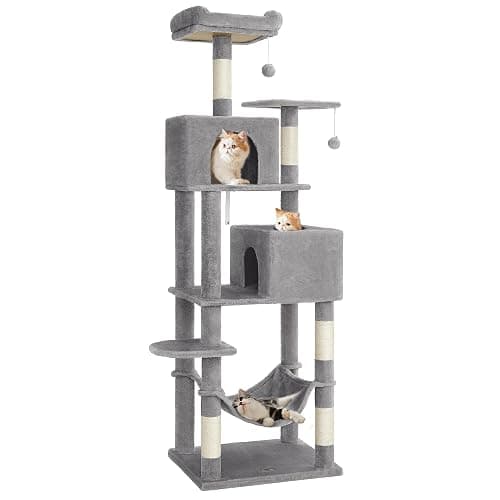 Feandrea Cat Tree, 73.2-Inch Tall Cat Tower, Plush Multi-Level Condo with 5 Scratching Posts, 2 Perches, 2 Caves, Hammock, 2 Pompoms, Light Gray UPCT191W01 - Image 1