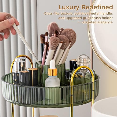 360° Rotating Makeup Organizer, Upgraded 3 Tier Skincare Perfume Organizers for Women, Bathroom Organizer Countertop, Clear Cosmetic Dresser Organizer with Makeup Brush Holder, Sink&Counter (Green) thumbnail 5