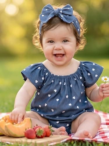 FirstTrail Baby Girl Summer Clothes Outfits Flutter Sleeve Denim Heart Romper One Piece Jumpsuit Bodysuit thumbnail 2