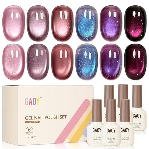 GAOY Aurora Purple Cat Eye Gel Nail Polish Set with Magnet, 6 Colors UV Gel | Translucent Iridescent Velvet Orchid Violet Berry, Holographic Glitter Shimmer, UV Cure, Soak Off, Salon & DIY Nail Art - Image 1