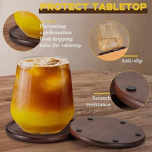 Wood Coasters with Metal Holder, GOH DODD Set of 6 Wooden Coaster Tabletop Protection Living Room Decor for Drinks Coffee Table Home Kitchen Office Bar Housewarming Gifts Wedding Party, 4 Inch thumbnail 6