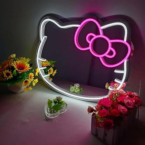THIIXDAI Hello Kit Mirror with Light Neon Signs for Room Decor, USB Powered Cute Cat LED Lights, Teen Girl Best Gift, Makeup Mirror Neon Sign Wall Decor (Warm White) - Image 1