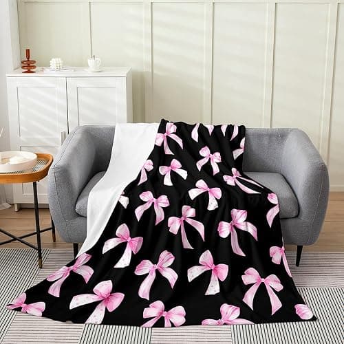 Feelyou Pink Black Bow All Season,Bed Blanket for Sofa Couch Twin 60"x80" Cute Dreamy Princess Style Plush Throw Blanket, Ultra Soft Bow Pattern Flannel Fleece Blanket Bowknot Room Decor Bow - Image 1