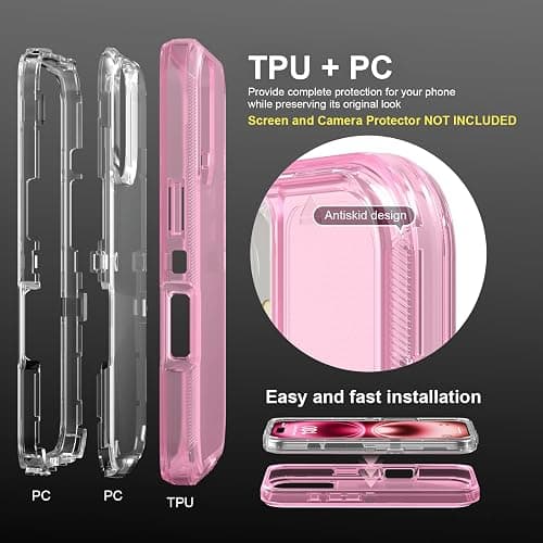 Follaroma for iPhone 16 Case, Heavy Duty Shockproof Protection Phone Cases, Dual Layer Transparent Protective Cover Compatible with iPhone 16 Case, 6.1 inch, Light Pink thumbnail 3