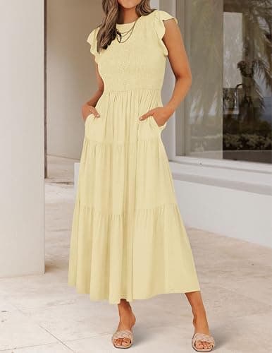 ZESICA Women's 2026 Summer Casual Flutter Short Sleeve Crew Neck Smocked Elastic Waist Tiered Midi Dress thumbnail 3