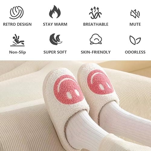 Jugsar Smile Face Slippers for Women Happy Face Slippers Retro Soft Plush Warm Slip-on Slippers, Cozy Indoor Outdoor Slippers thumbnail 6