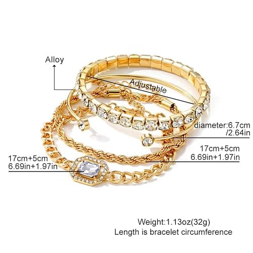 4 Pcs Dainty Gold Silver Bracelets Set for Women 14K Plated Link Cubic Zirconia Paperclip Stake Layering Chain Adjustable Trendy Hand Jewelry thumbnail 7
