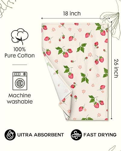 Miss Adola Flour Sack Kitchen Towels - Set of 2 Spring Dish Towels with Hanging Loop 18x26 Inch Absorbent Reusable Cotton Cloths for Cleaning Cute Design Home Decorative Housewarming, Color Strawberry thumbnail 3