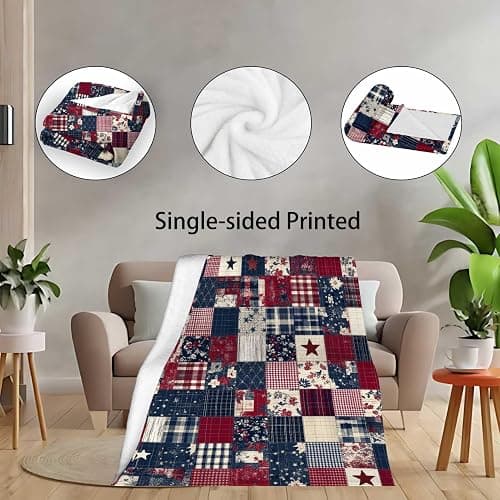 YucZiken Printed Patchwork Country Blanket Throw for Women and Men, Farmhouse Vintage Blanket Gift, Lightweight Fleece Americana Rustic Home Decor, 40"×50" thumbnail 3