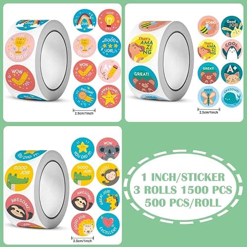 1500PCS Teacher Stickers, 3 Rolls Classroom Motivational Potty Training Stickers for Kids Students Reward School Supplies Teacher Must Haves-24 Cute Designs, 1 inch thumbnail 3