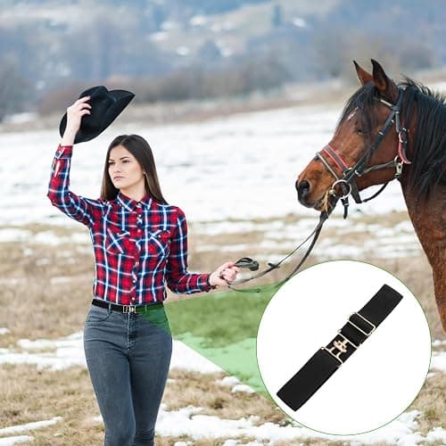PEUTIER Women's 2pcs 1.5in Elastic Equestrian Belt, Surcingle Buckle Horse Bit Belt for Horseback Riding Sports, Black, Medium thumbnail 6