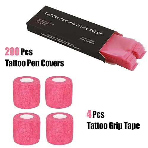 MIUXIA 200 Pink Tattoo Pen Covers & 4 Grip Tapes - Large Tattoo Machine Covers & Tattoo Tape Wrap - Tattoo Supplies thumbnail 2