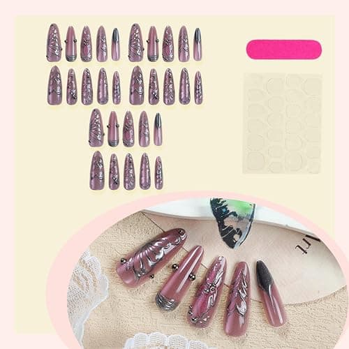 Auroriel 24 Stück Long Stiletto Press on Nails mit 3D Herz-, Blumen- & Schmetterlingsflügel Design Wiederverwendbare Acrylic Fake Nails Full Cover für Frauen Hochzeit Party Alltag thumbnail 4