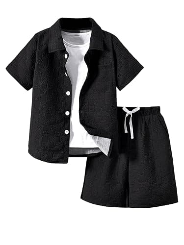 RoseSeek Boy's 2 Piece Beach Vacation Textured Linen Outfit Short Sleeve Button Down Shirt Top and Shorts Summer Set - Image 1